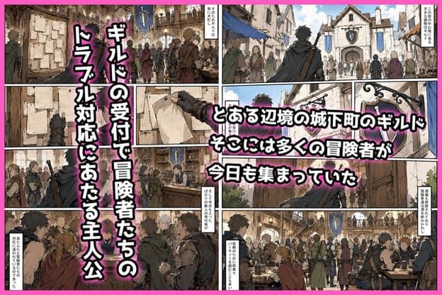 城下町のギルド受付に冒険者たちが集まり、主人公が依頼掲示板の前に立っている