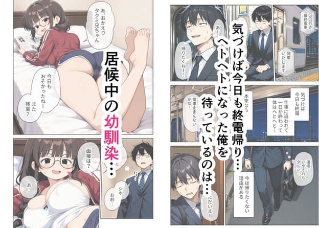 左にベッドの女性、右に電車と帰宅中の男性を並べ、「終電帰り」の文字を大きく入れた構成