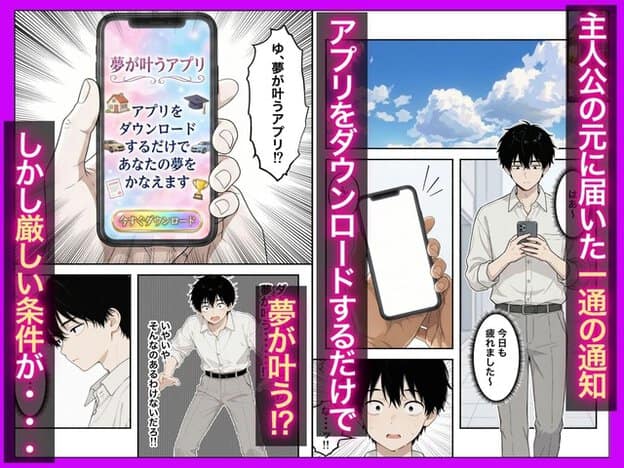 山田健太が白シャツ姿でスマホを持ち、夢が叶うアプリの通知を見て目を見開く