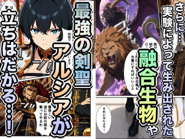 鎧姿の剣士アルシアと王冠をかぶった国王が、獅子や山羊や蛇の融合生物を従える