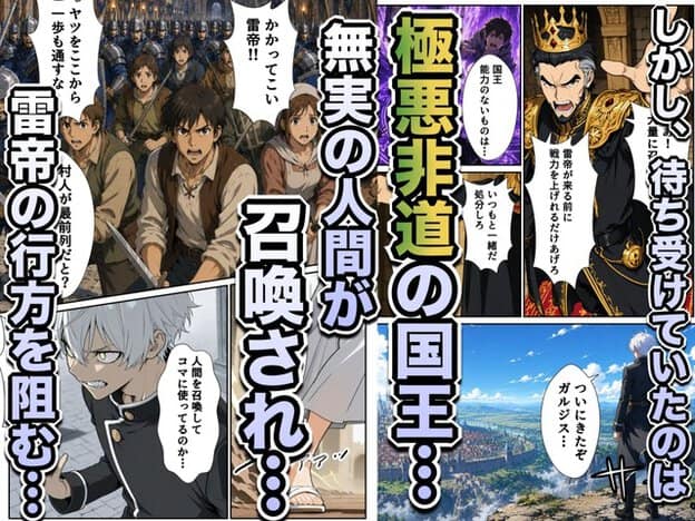 片手を前へ出した雷斗が武器を持つ民衆と兵士を見つめ、敵国の王が命令を下す